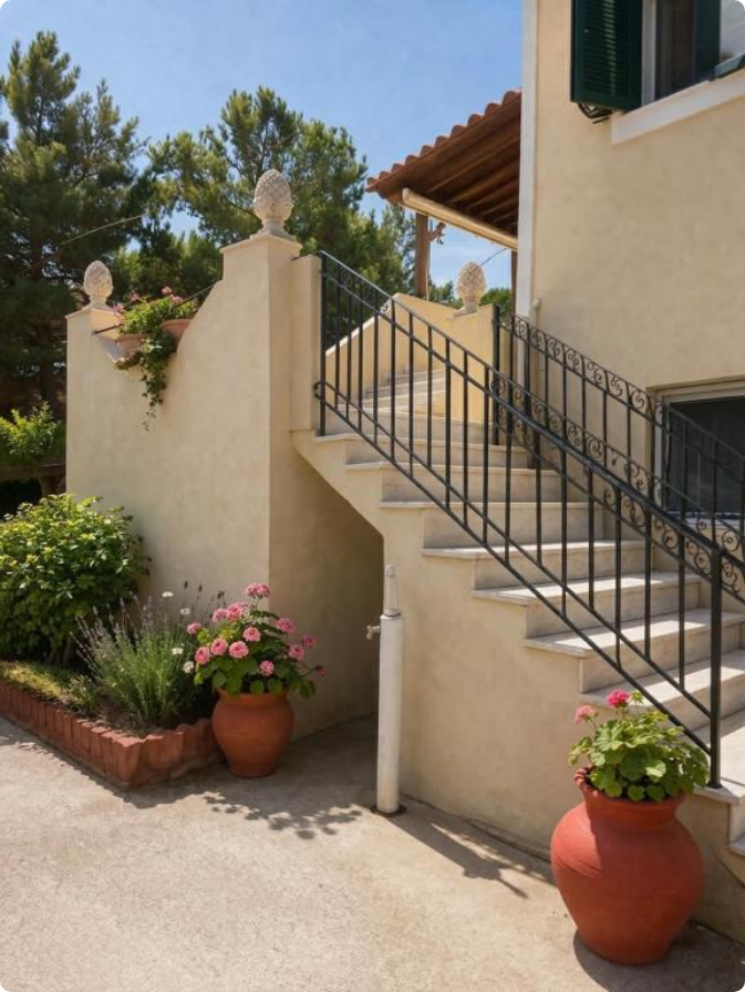 Garden staircase and terrace of Molyvos Sunset Horizon villa, Lesvos