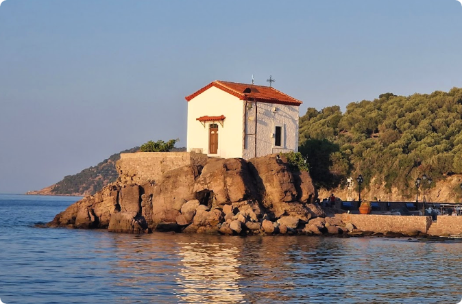 Panagia Gorgona chapel on the rocks above Skala Sikamineas harbor, Lesvos