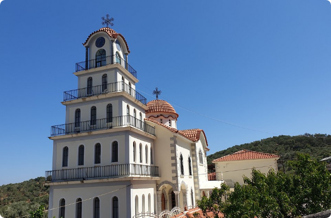 Agios Raphael Monastery bell tower above Thermi, northern Lesvos