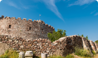 Mytilene Castle Byzantine walls in pine forest above the harbor, Lesvos