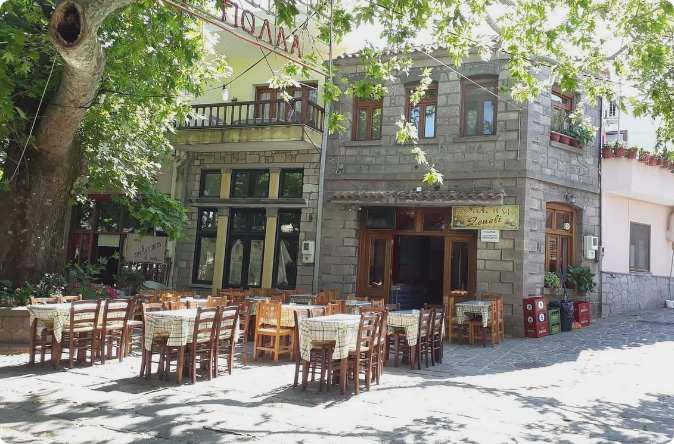 Antissa village square with stone houses, western Lesvos