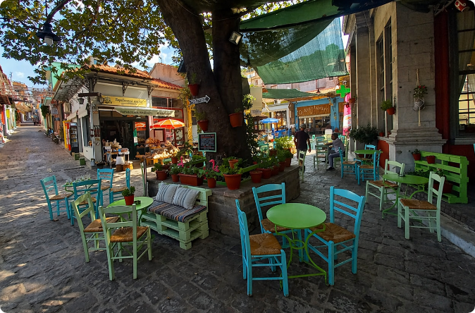 Agiassos mountain village cobbled lanes and plane-shaded square, Lesvos